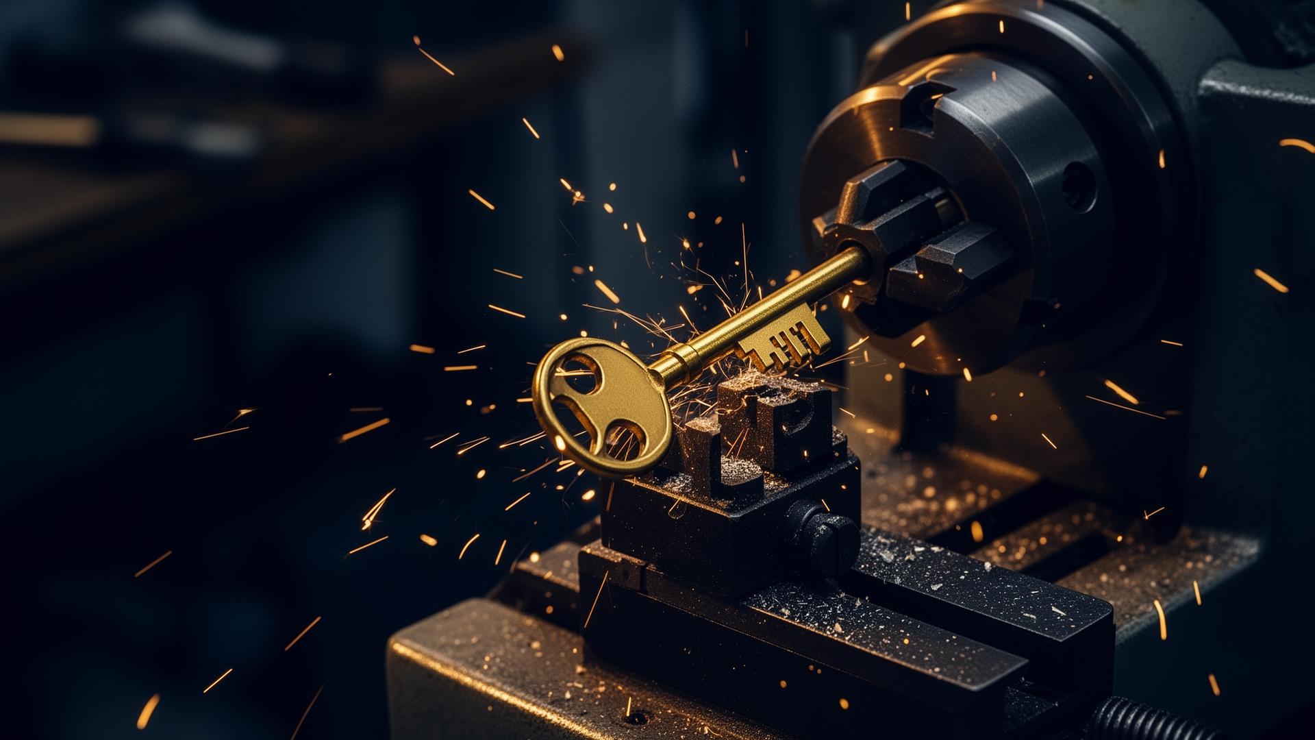 Brass key being precision-cut at Locksmith Soza workshop
